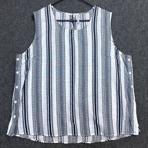 Cotton Sleeveless Summer Blouse Navy Nautical Stripes Button White Coastal XXL